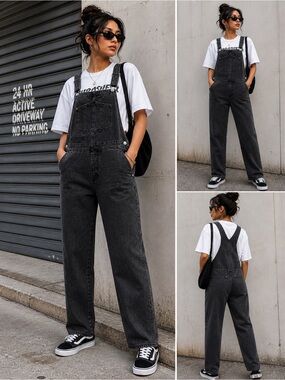 Old Navy Women’s 12 Petite Black Denim Overalls Straight Leg Cotton